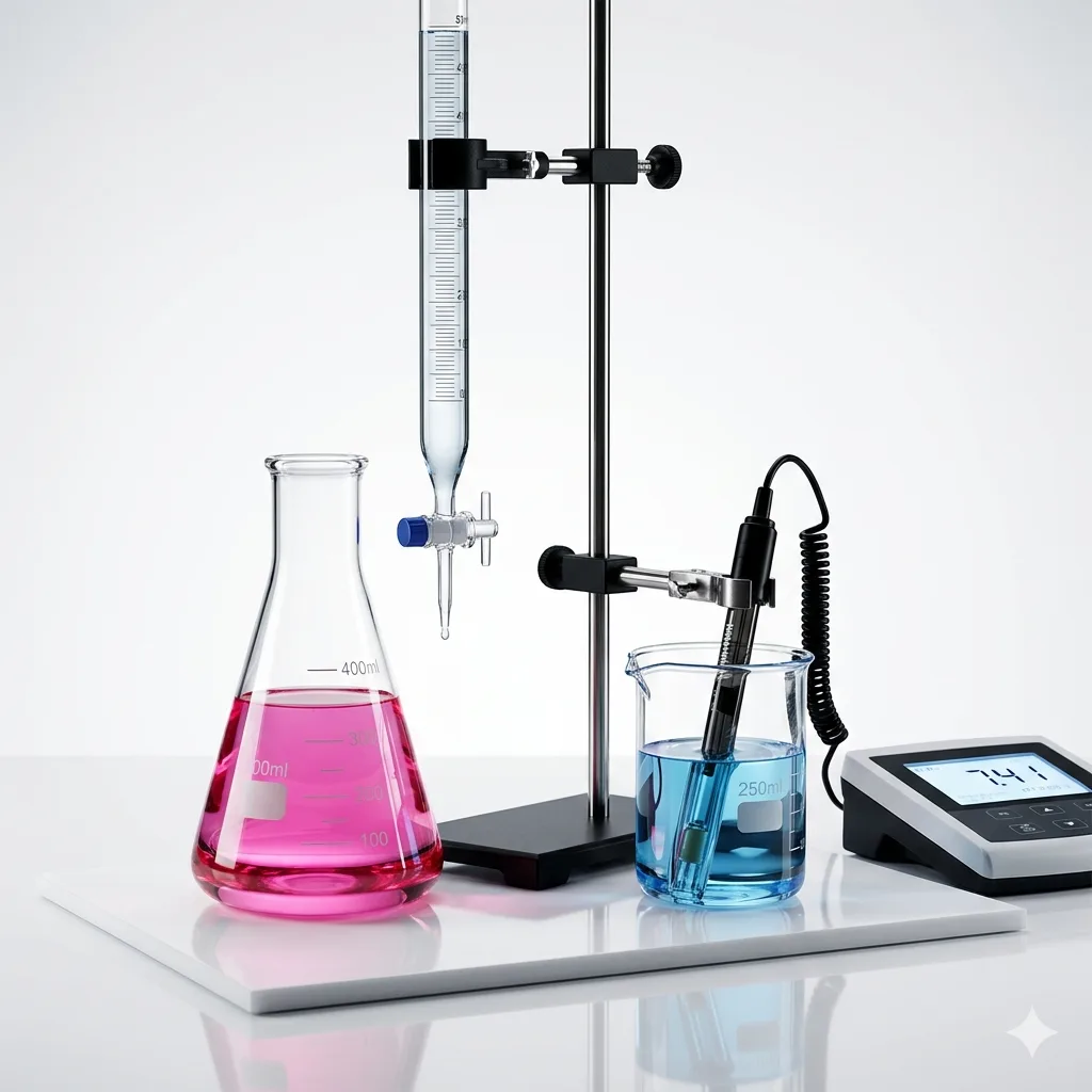 Chemistry titration apparatus — Erlenmeyer flask, burette, and pH meter