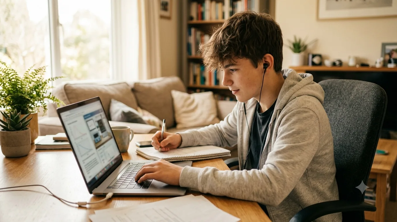 Student focused on chemistry work at home